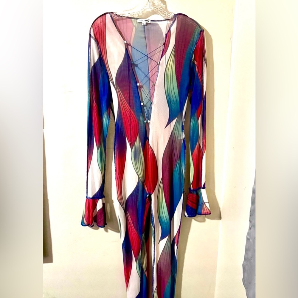 FASHION NOVA Vibrant Multicolor Mesh Jumpsuit | Criss Cross Tie Front | Size M - Picture 2 of 6
